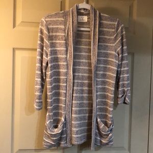 Ladies cardigan medium gray/cream stripe.